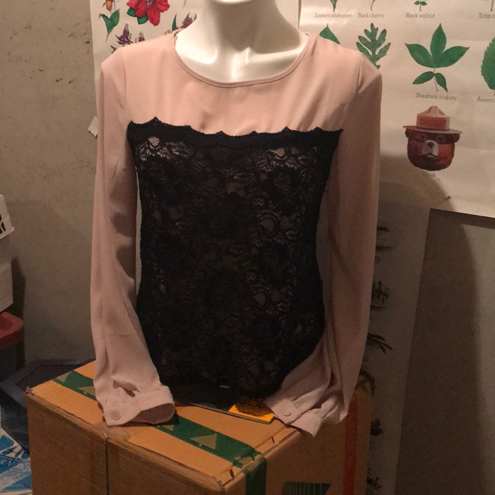 small, tan and black lace blouse